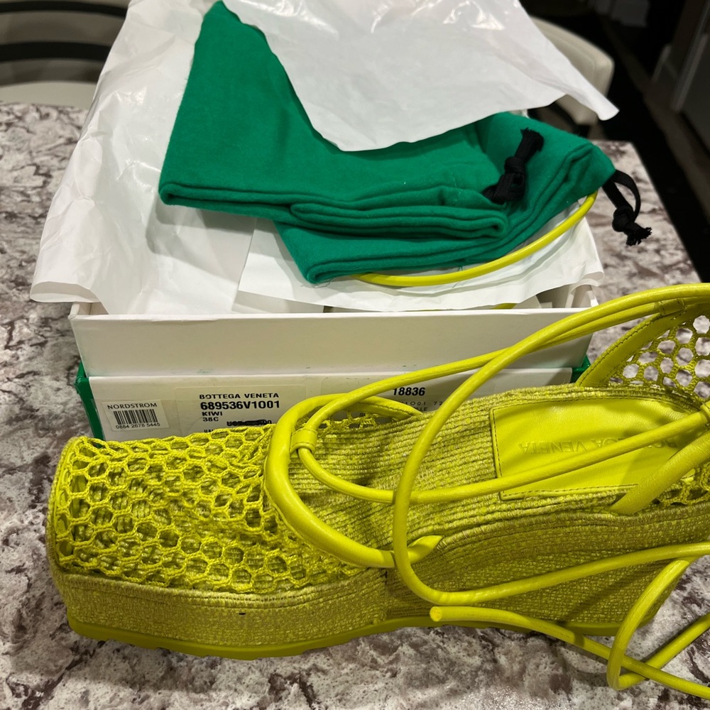 Bottega Veneta Neon Yellow Mesh Wedge, tie sandals